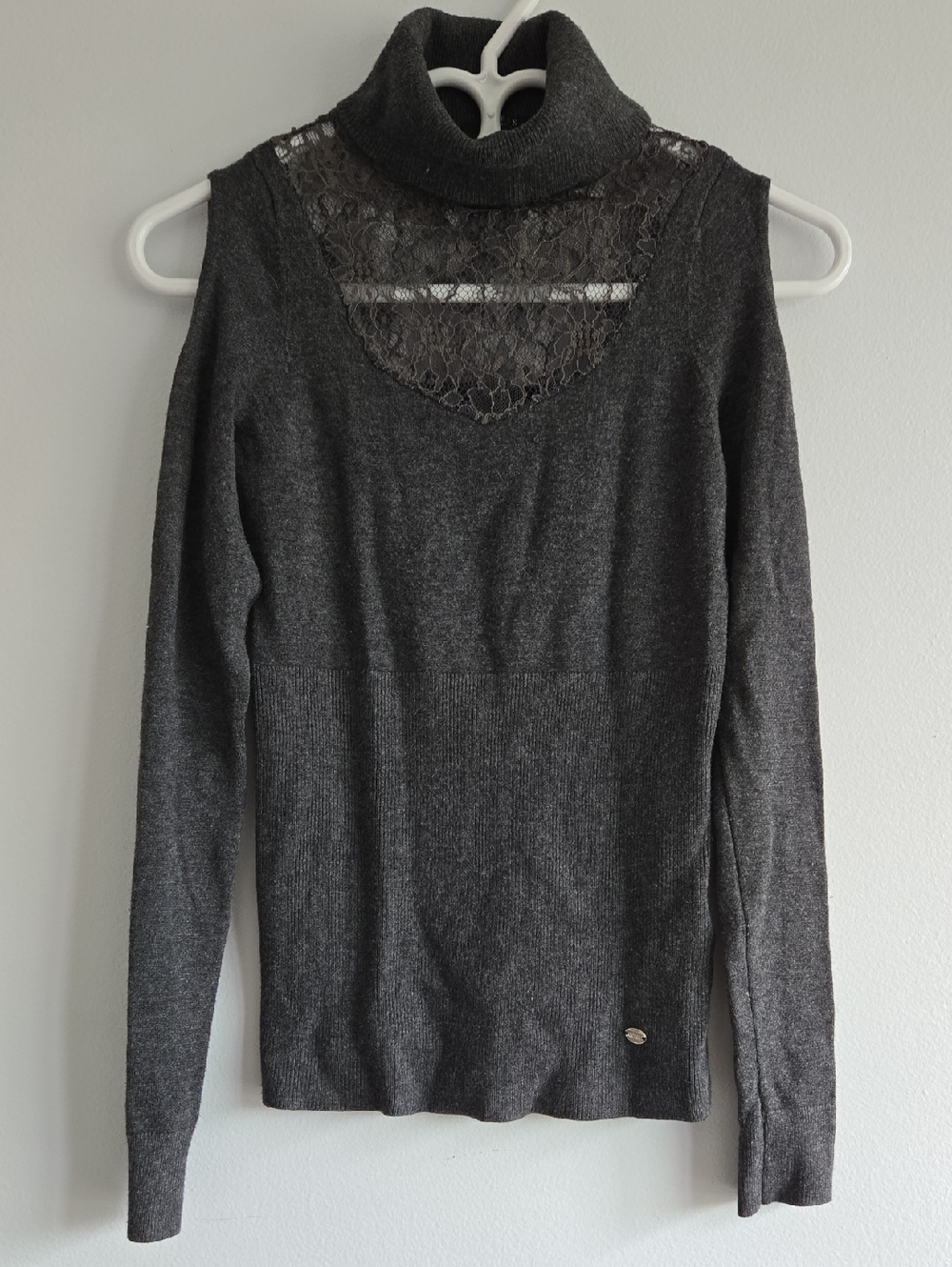 Guess Black Ribbed Knit Top with Logo Button